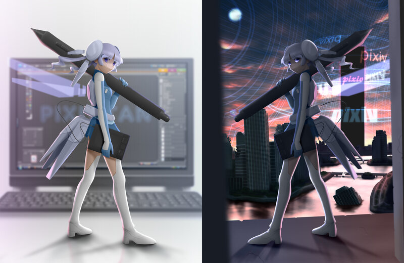 Anime Girl with Weapon — Blue, Dramatic, Sunset