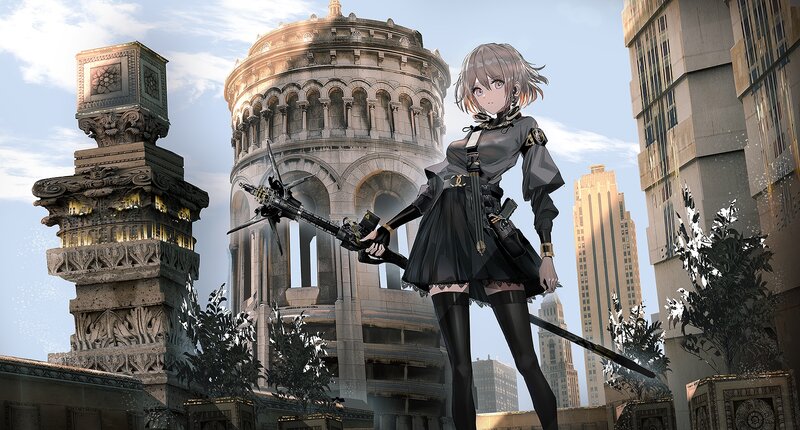 Anime Girl with Weapon — Gray, Dramatic, Afternoon