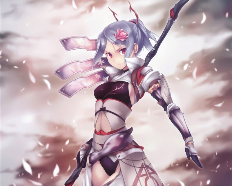 Anime Girl with Weapon — Gray, Dramatic, Digital Art, Flower