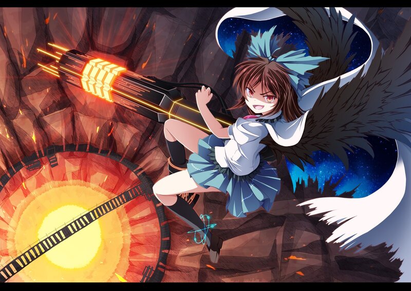 Anime girl with weapon in cave