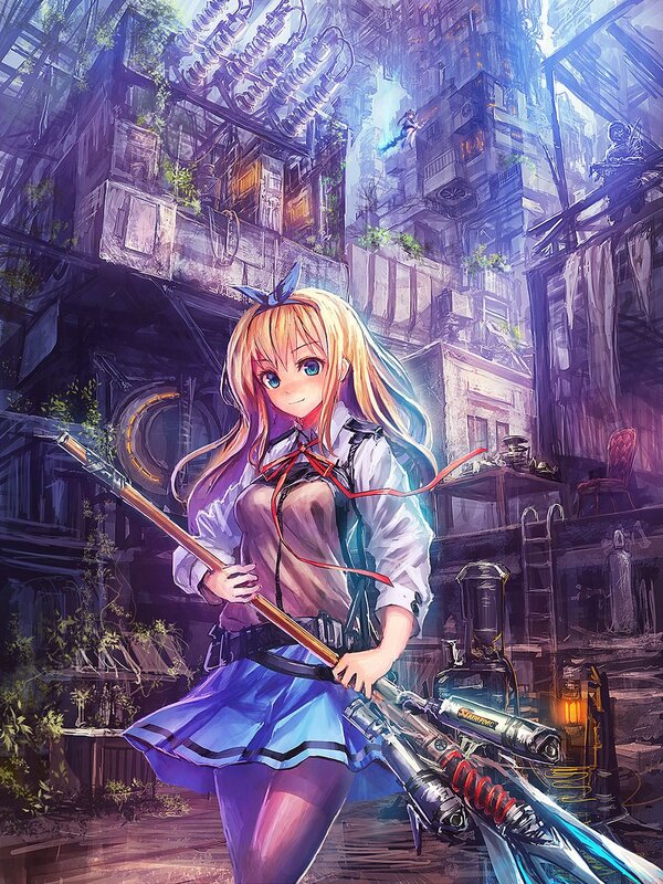 Anime girl with weapon in city