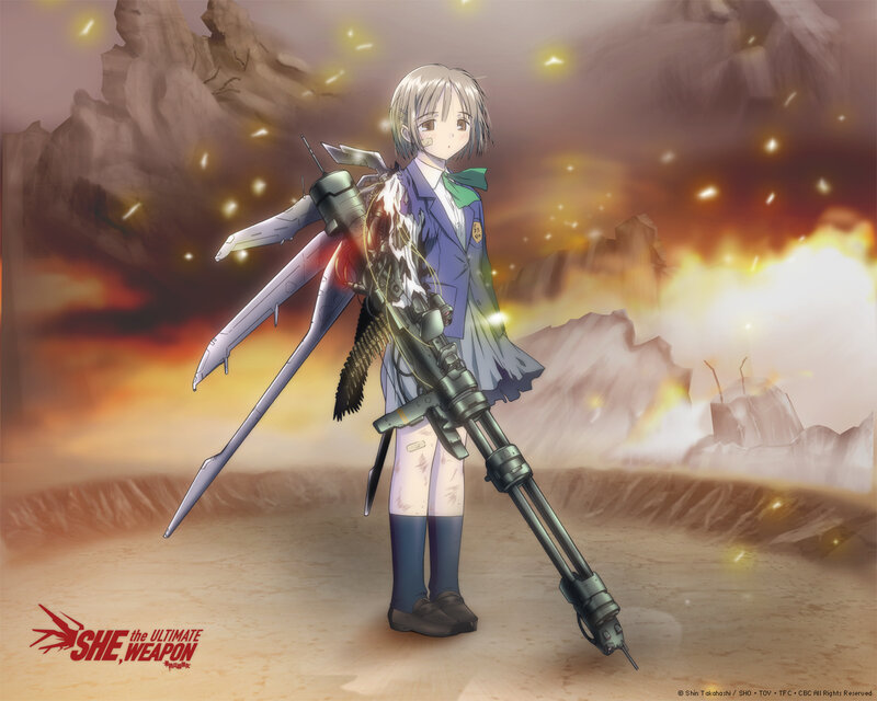 Anime girl with weapon in desert