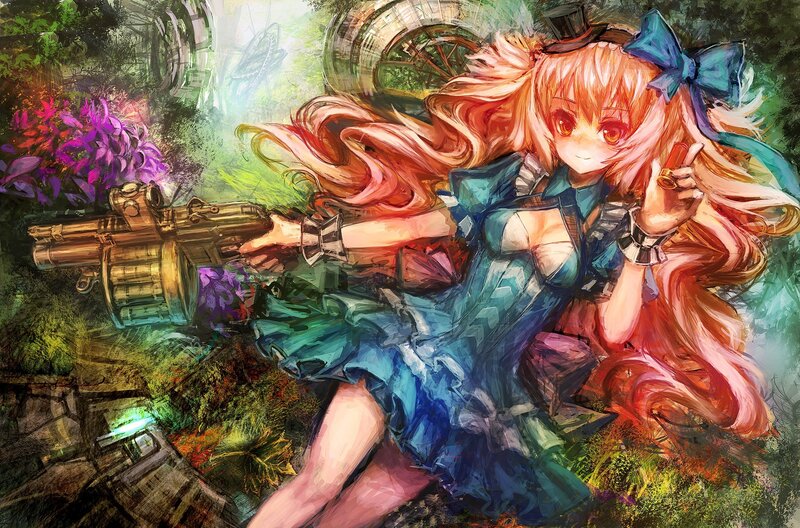 Anime girl with weapon in garden