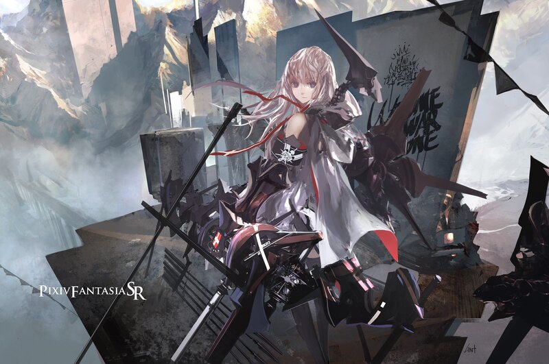 anime girl with weapon in ruins