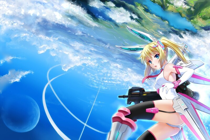 anime girl with weapon in sky