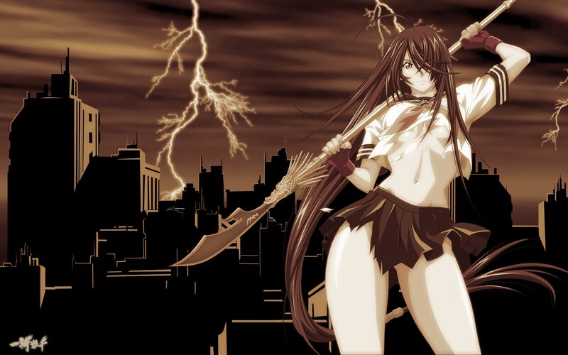 Anime girl with weapon in storm