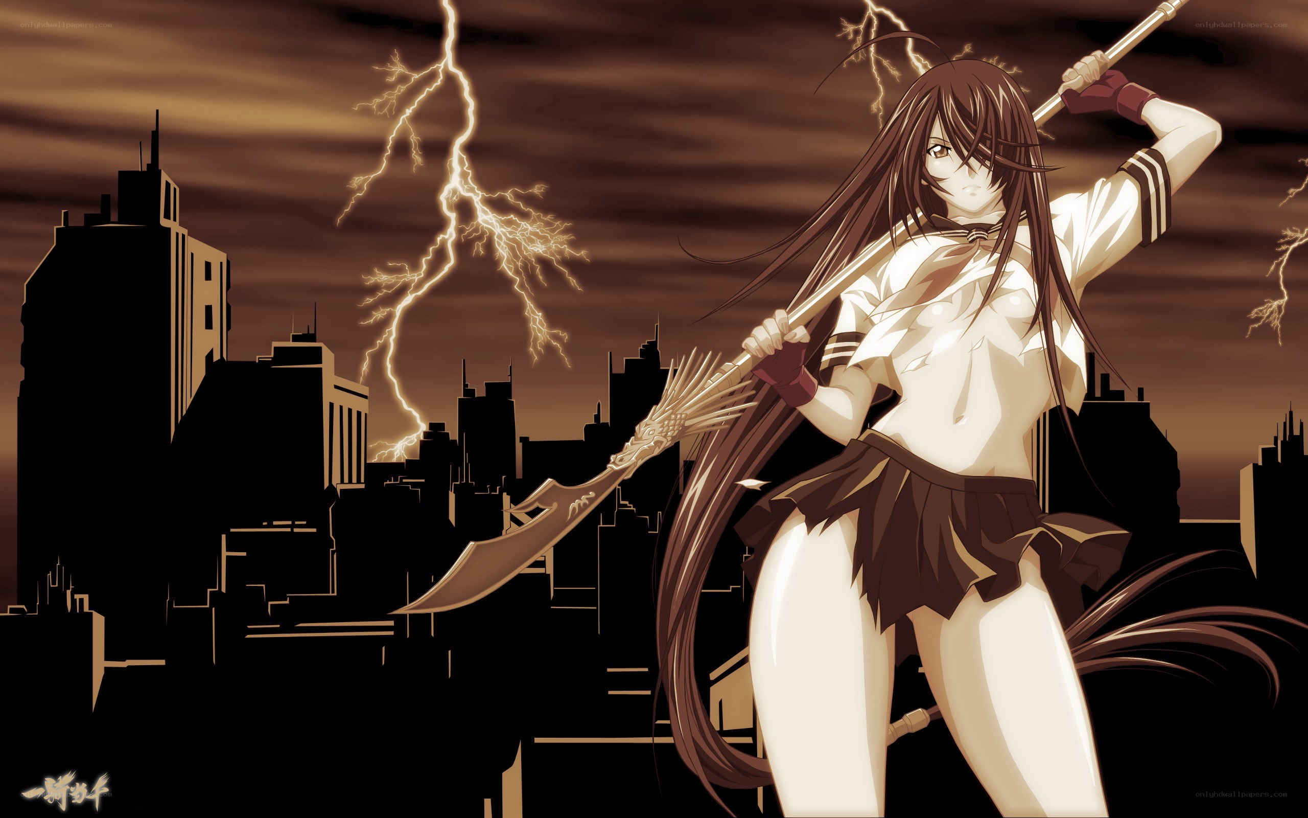Anime girl with weapon in storm