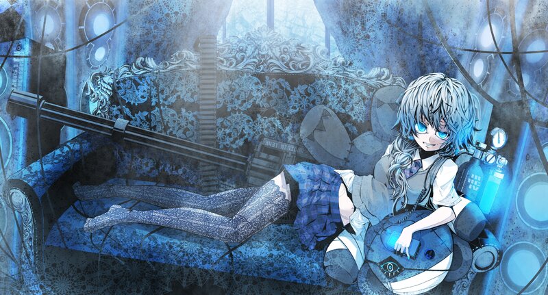 anime girl with weapon on couch