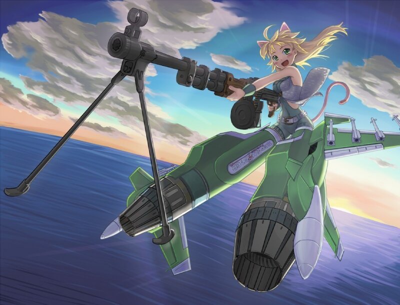anime girl with weapon on jet