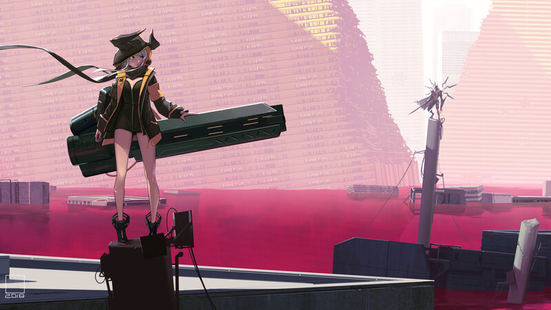 Anime Girl with Weapon — Pink, Dramatic, Sunset