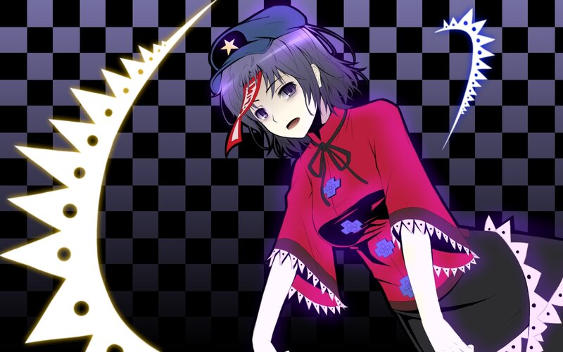 Anime Girl with Weapon — Purple, Dramatic, Digital Art, Checkered Background