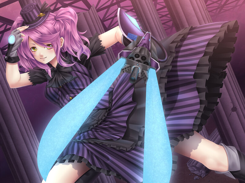 Anime Girl with Weapon — Purple, Dramatic, Digital Art, Hat