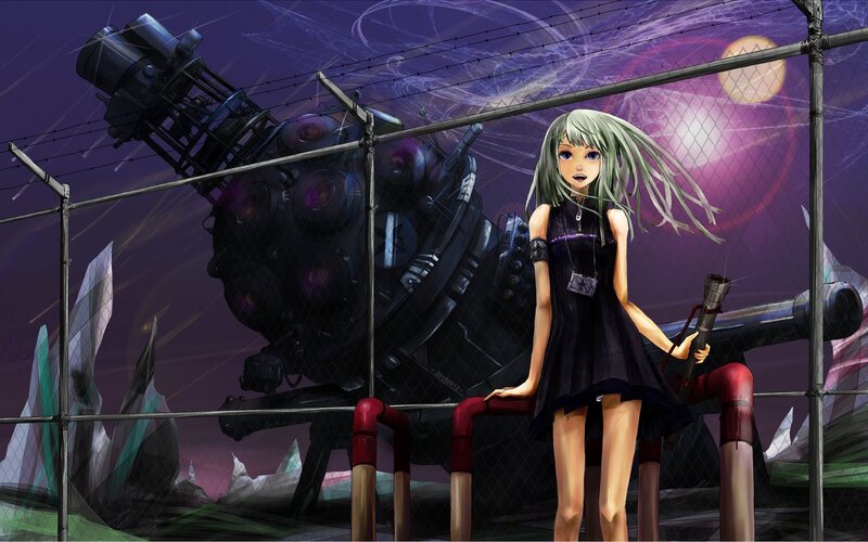 Anime Girl with Weapon — Purple, Dramatic, Night, Digital Art, Fence