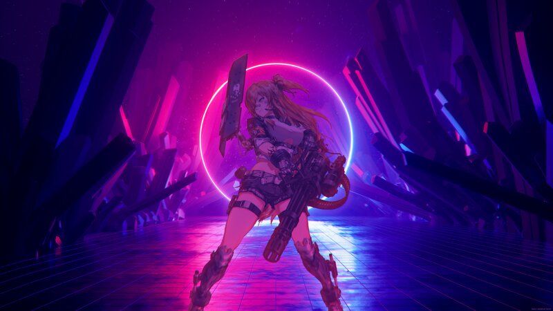 Anime Girl with Weapon — Purple, Dramatic, Night, Digital Art, Sword