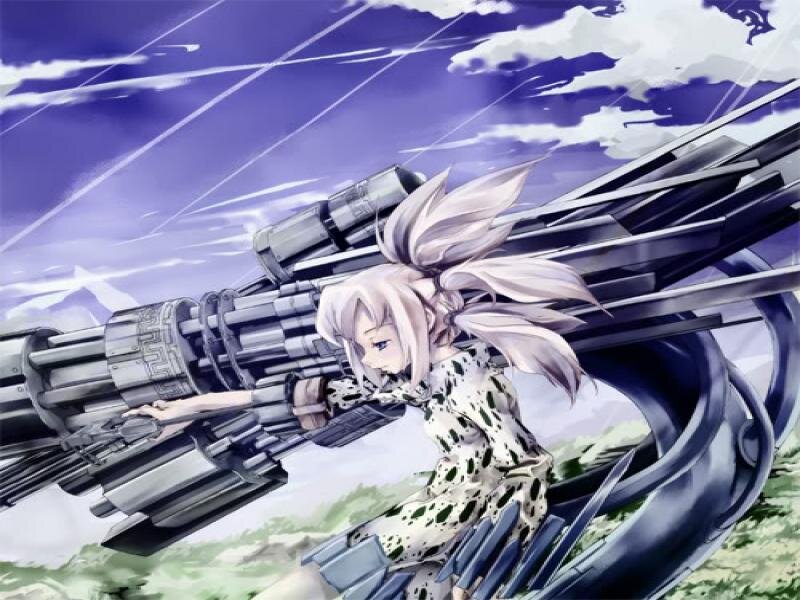 Anime Girl with Weapon — Purple, Dramatic, Sky