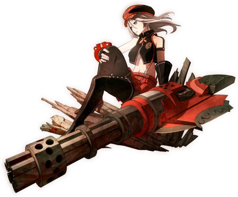 Anime Girl with Weapon — Red, Dramatic, Digital Art, Plaid Hat