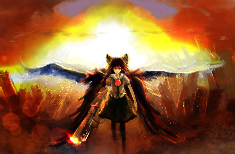 Anime Girl with Weapon — Red, Dramatic, Sunset, Digital Art