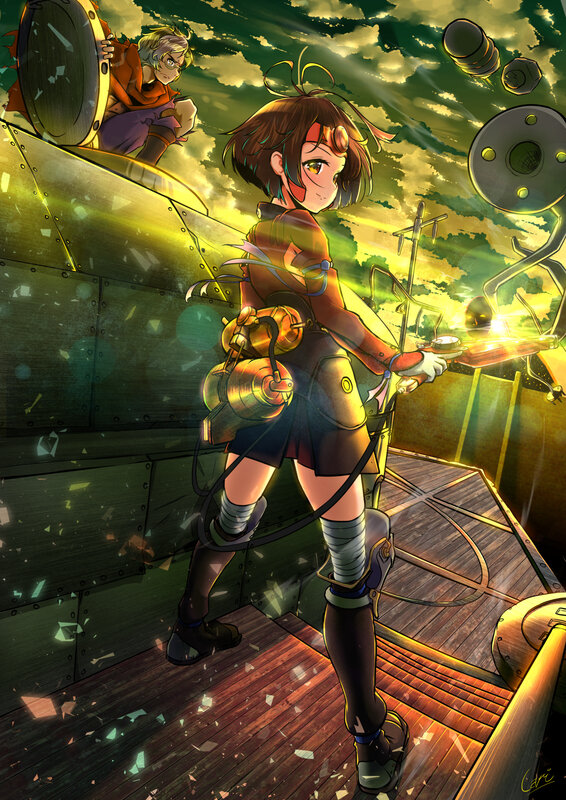 Anime Girl with Weapon — Yellow, Dramatic, Sunset