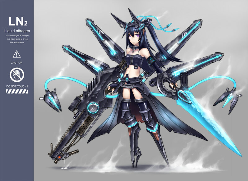Anime Girl with Weapons — Black, Dramatic, Digital Art, Cybernetic Armor