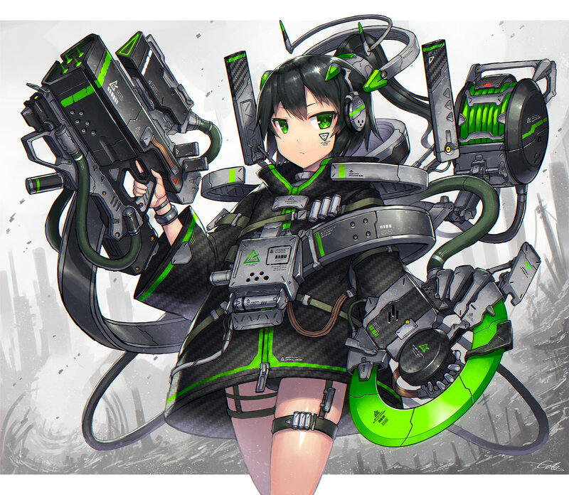 Anime Girl with Weapons — Black, Dramatic, Digital Art, Headset