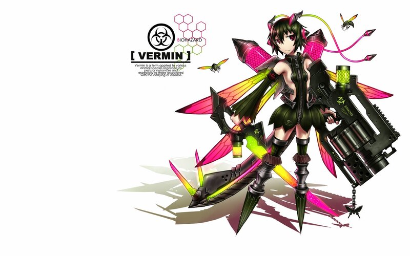 Anime Girl with Weapons — Black, Dramatic, Digital Art, Insects, Biohazard Symbol, Wings