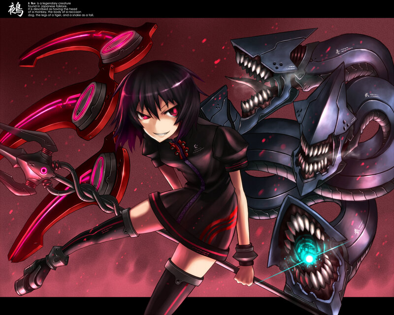 Anime Girl with Weapons — Black, Dramatic, Digital Art, Mechanical Creatures