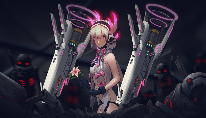 Anime Girl with Weapons — Black, Dramatic, Night, Digital Art, Robot Soldiers