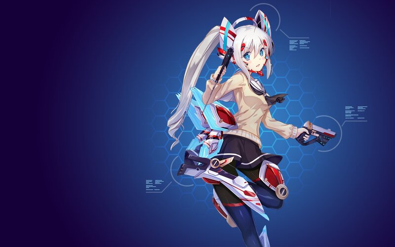 Anime Girl with Weapons — Blue, Action, Digital Art