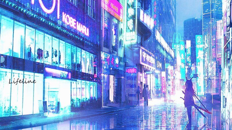 Anime Girl with Weapons — Blue, Dramatic, Night, Digital Art, Neon Signs