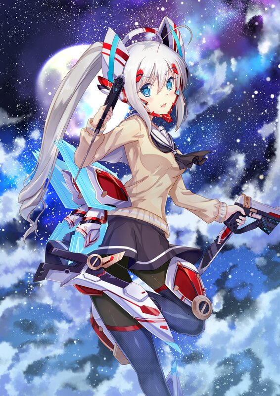 Anime Girl with Weapons — Blue, Dramatic, Night, Digital Art, Space