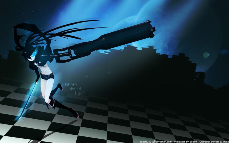 Anime Girl with Weapons — Blue, Dramatic, Night, Digital Art, Sword