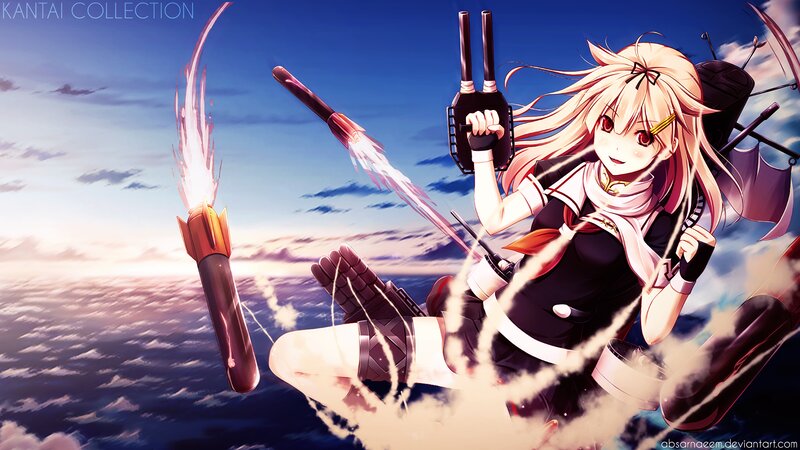 Anime Girl with Weapons — Blue, Dramatic, Sunset
