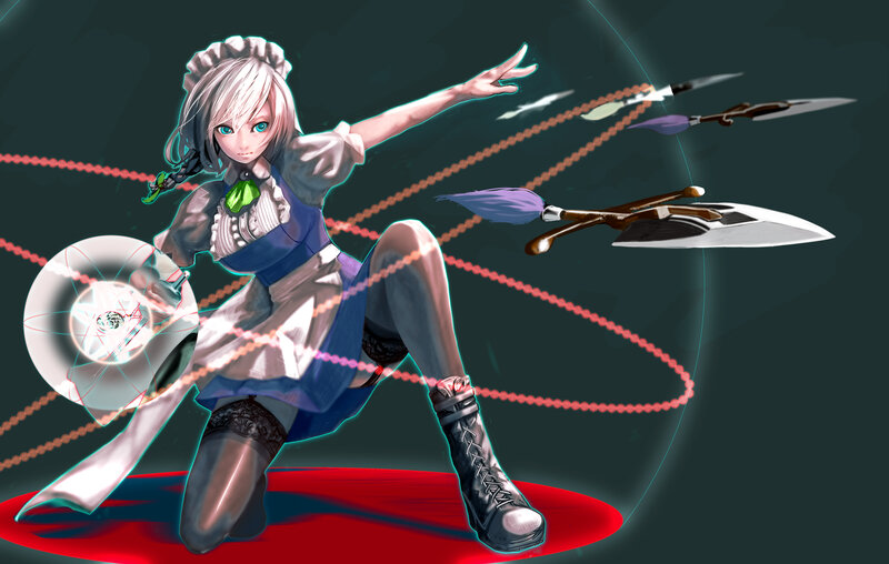 Anime Girl with Weapons — Blue, Dynamic, Digital Art, Shield