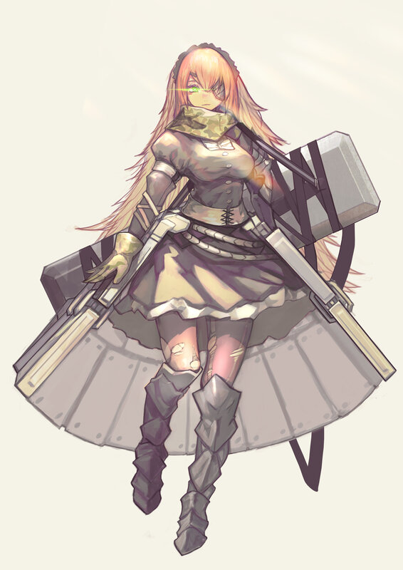 Anime Girl with Weapons — Gray, Dramatic, Digital Art, Skirt