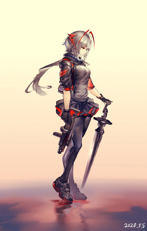 Anime Girl with Weapons — Gray, Dramatic, Sunset