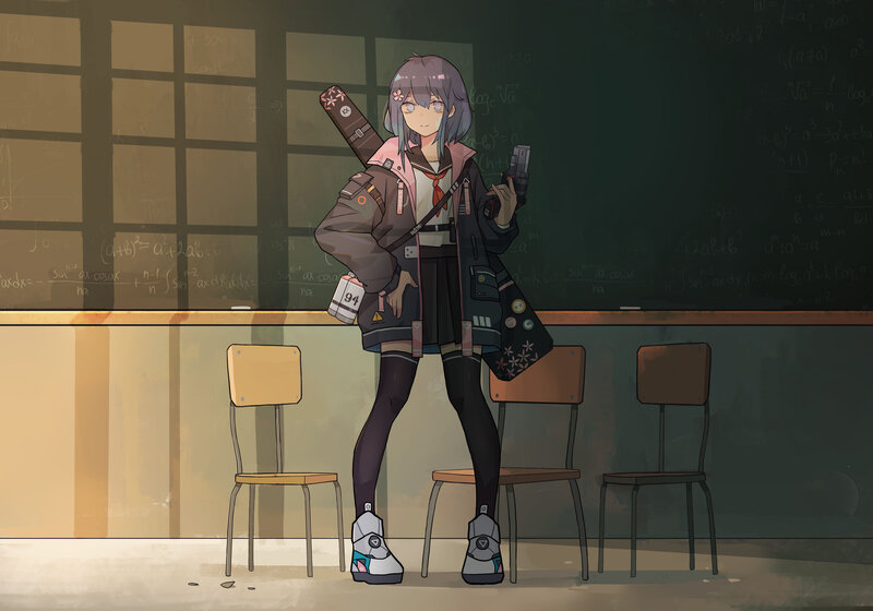 Anime Girl with Weapons — Gray, Serious