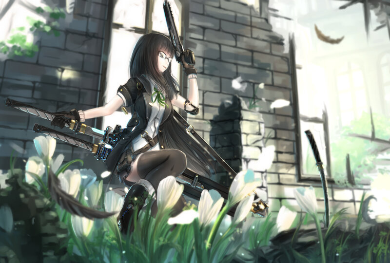 Anime Girl with Weapons — Green, Dramatic