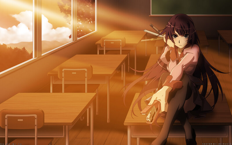 Anime girl with weapons in classroom