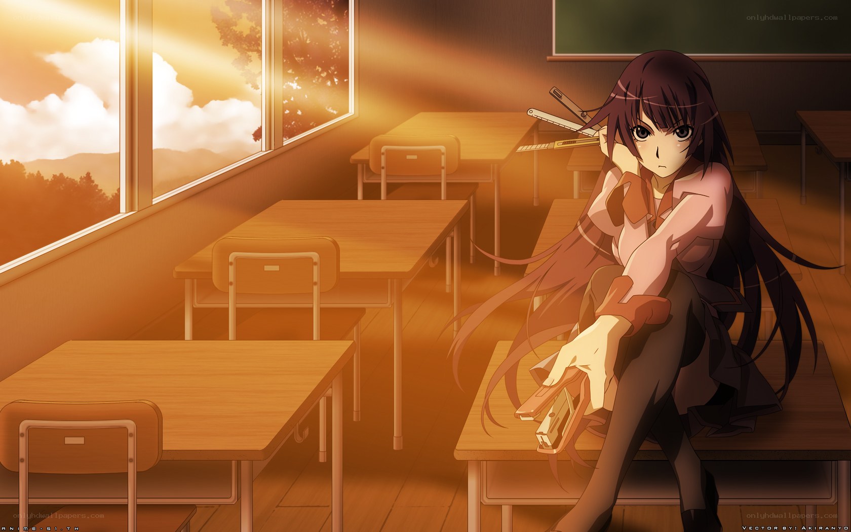 Anime girl with weapons in classroom