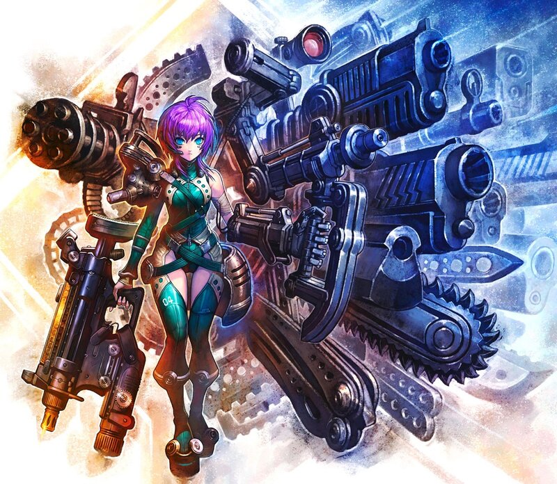 Anime Girl with Weapons — Purple, Dramatic, Digital Art, Mechanical Parts