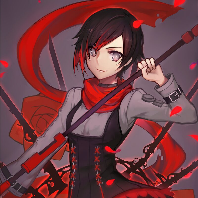 Anime Girl with Weapons — Red, Dramatic, Digital Art, Red Scarf