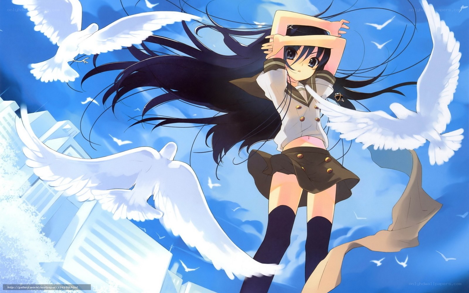 Anime girl with white birds
