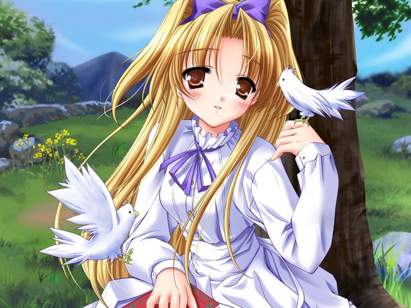 Anime girl with white birds