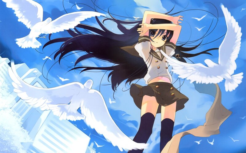 Anime Girl with White Birds — Blue, Serene, Afternoon