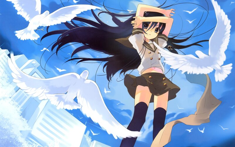 Anime Girl with White Birds — Blue