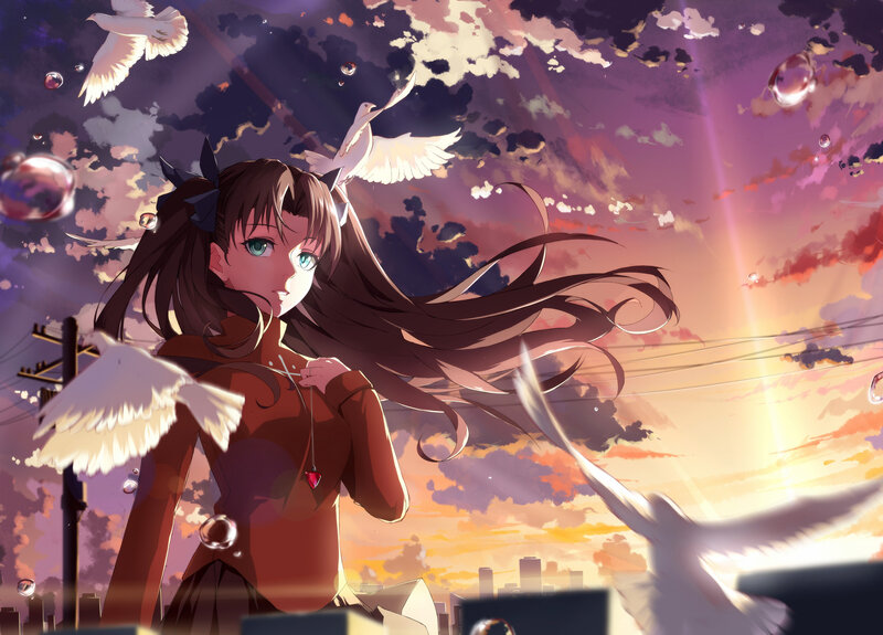 Anime Girl with White Birds — Purple