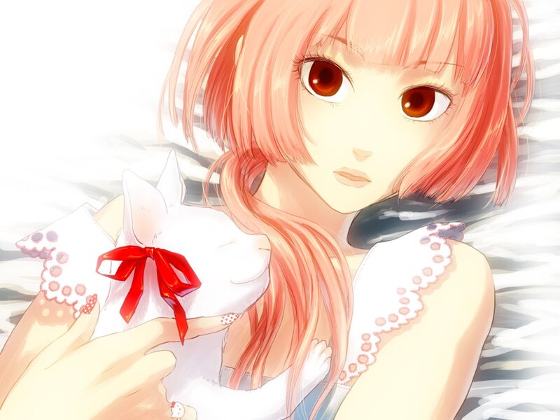 Anime girl with white cat