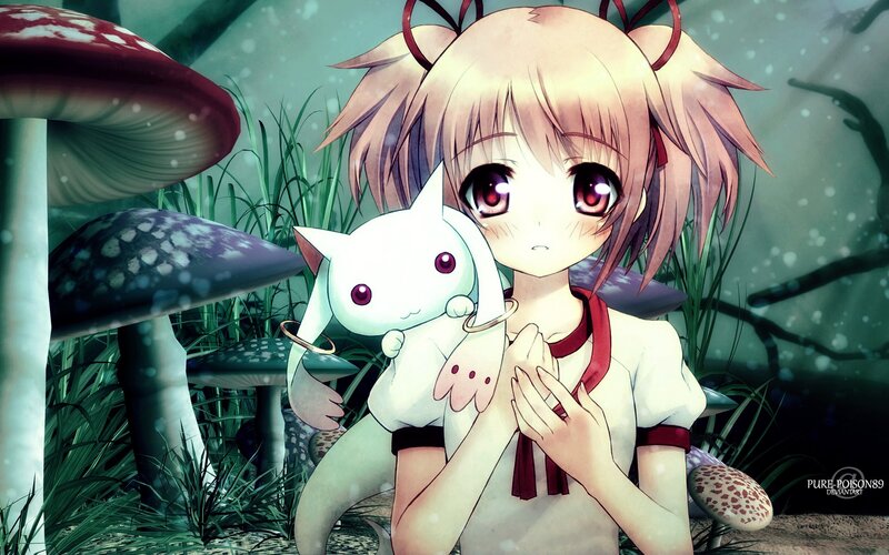 Anime girl with white cat in forest