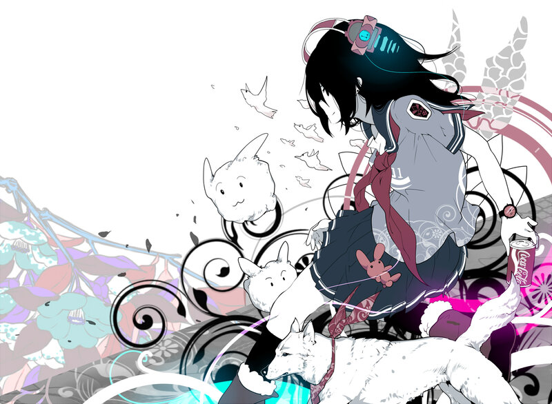 Anime Girl with White Dogs