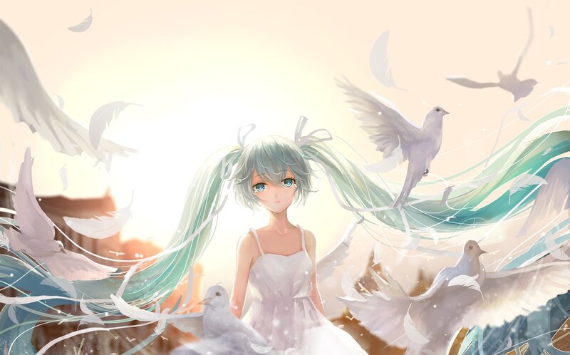 Anime Girl with White Dress — Serene, Sunset, Digital Art